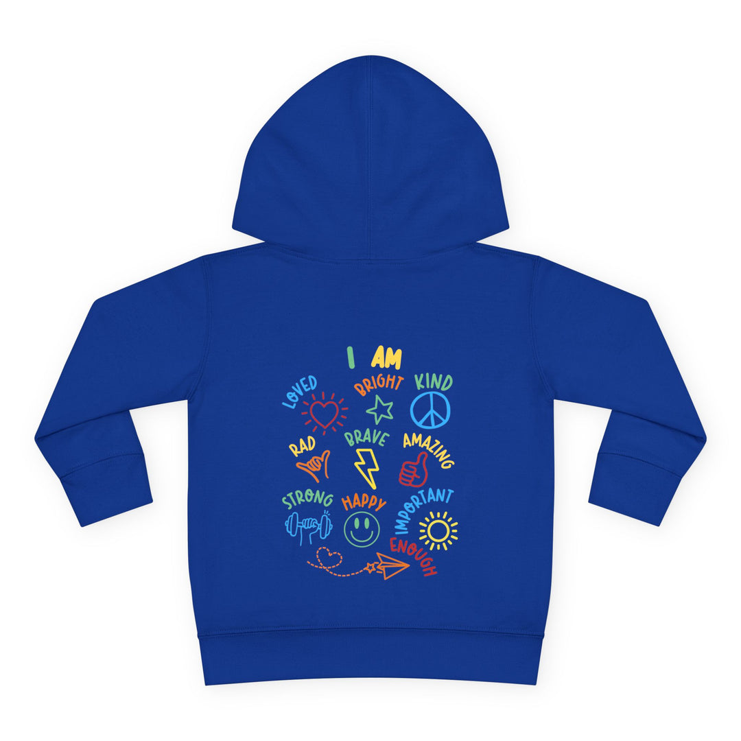Bright-blue I AM Toddler Hoodie featuring colorful icons and affirmations like Bright and Loved on the back, designed for comfort and durability with side-seam pockets.