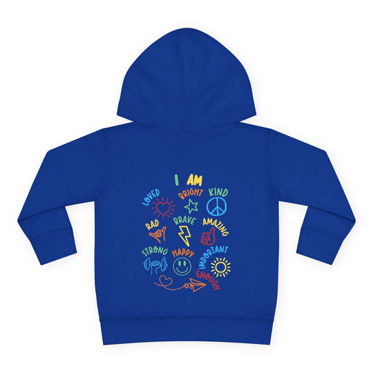 Bright-blue I AM Toddler Hoodie featuring colorful icons and affirmations like Bright and Loved on the back, designed for comfort and durability with side-seam pockets.