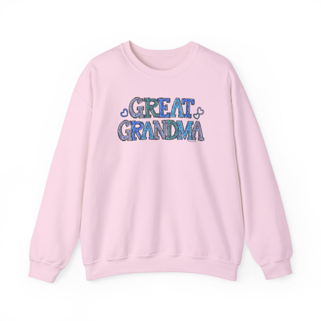 Unisex Great Grandma Crew sweatshirt, pink with blue text. Heavy blend fabric, ribbed knit collar, no itchy seams. 50% cotton, 50% polyester, loose fit, true to size.