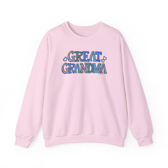 Unisex Great Grandma Crew sweatshirt, pink with blue text. Heavy blend fabric, ribbed knit collar, no itchy seams. 50% cotton, 50% polyester, loose fit, true to size.
