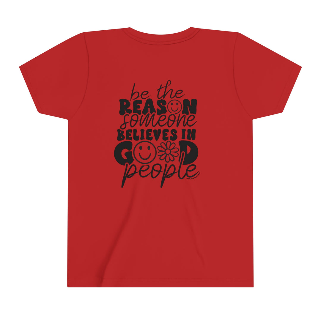 Youth red tee with black text, smiley face, and logo. Lightweight, 100% cotton shirt for kids with custom artwork display. Ribbed collar, tear-away label, retail fit. From 'Worlds Worst Tees'.