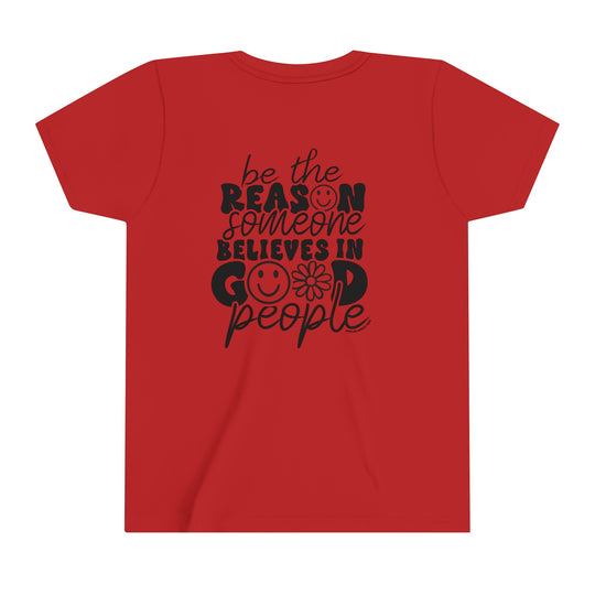 Youth red tee with black text, smiley face, and logo. Lightweight, 100% cotton shirt for kids with custom artwork display. Ribbed collar, tear-away label, retail fit. From 'Worlds Worst Tees'.