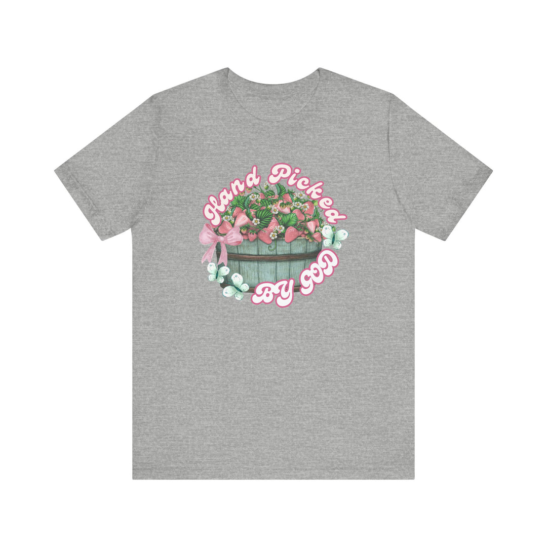 Hand Picked by GOD Tee, a classic unisex jersey short sleeve shirt, featuring ribbed knit collars and dual side seams for durability and comfort.