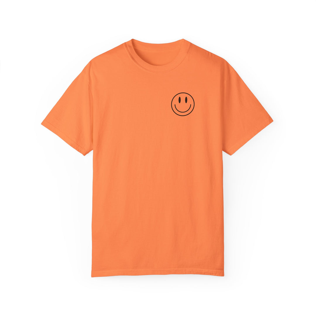 Be the reason Tee: Orange t-shirt with smiley face graphic. 100% ring-spun cotton, garment-dyed for coziness. Relaxed fit, double-needle stitching for durability. From Worlds Worst Tees.