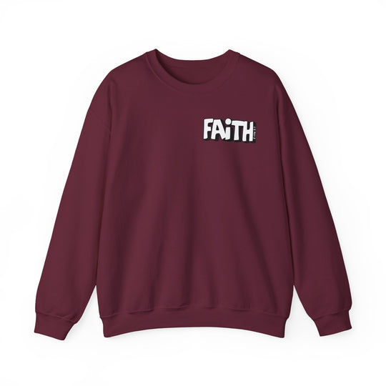 A maroon crewneck sweatshirt with white text, featuring a Walk By Faith Not By Sight design. Unisex heavy blend, ribbed knit collar, no itchy side seams. Ideal for comfort and style.
