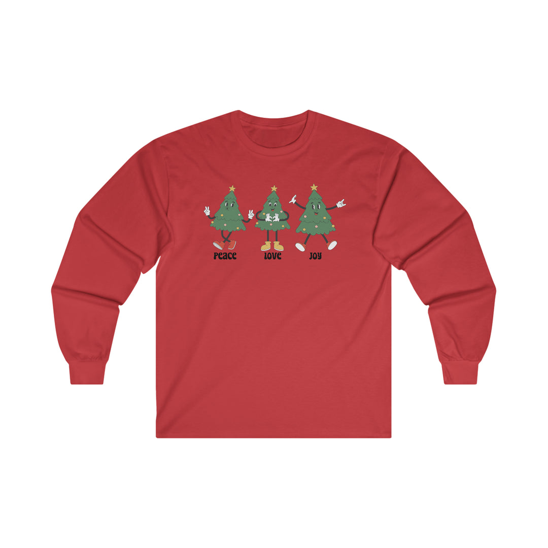 Peace Love Joy Long Sleeve Tee featuring cartoon Christmas trees on a red shirt. 100% cotton, medium fabric, classic fit with no side seams. Taped shoulders for durability. Environmentally friendly.
