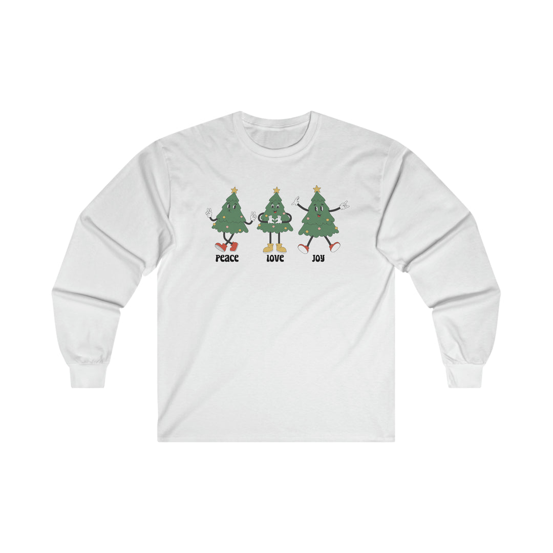 A white long sleeve tee featuring green tree designs, embodying a festive vibe with cartoon Christmas tree illustrations. Crafted from 100% cotton for comfort and durability, this tee offers a classic fit with taped shoulders. From 'Worlds Worst Tees'.