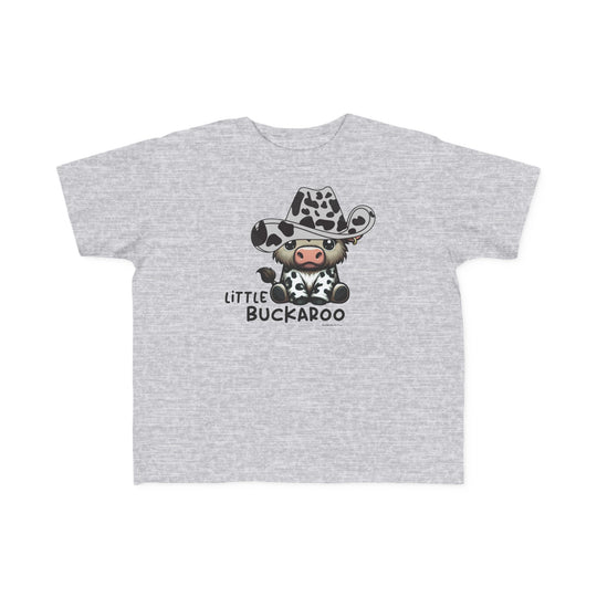 Buckaroo Toddler Tee featuring a cartoon cow in a cowboy hat. Soft 100% combed ringspun cotton, tear-away label, classic fit. Sizes: 2T, 3T, 4T, 5-6T. Perfect for sensitive skin.