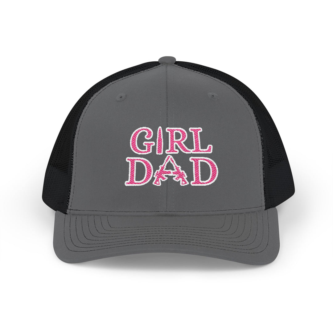 Girl Dad Snapback Trucker Cap featuring a classic 6-panel construction, mid-profile fit, and embroidered detail, perfect for adding sleek style to any outfit.