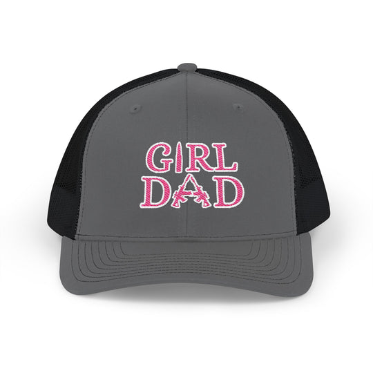 Girl Dad Snapback Trucker Cap featuring a classic 6-panel construction, mid-profile fit, and embroidered detail, perfect for adding sleek style to any outfit.