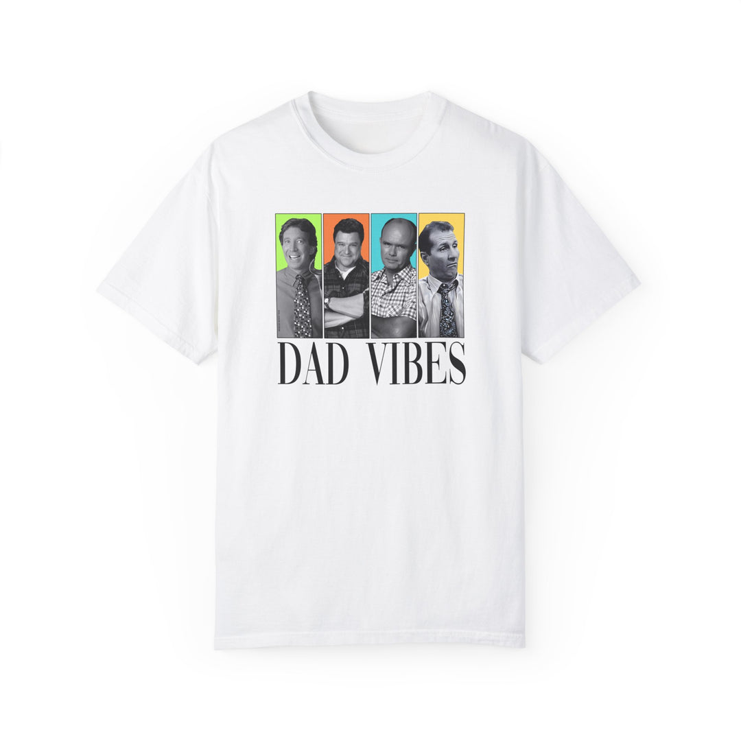 A relaxed fit Dad Vibes Tee featuring a group of men on a white shirt. 100% ring-spun cotton, garment-dyed for extra coziness. Double-needle stitching for durability, tubular shape with no side-seams.