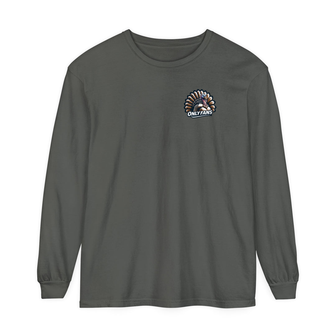 A long-sleeve grey shirt featuring a Turkey Hunting Tee logo, made of 100% ring-spun cotton for softness and style. Classic fit with garment-dyed fabric and relaxed comfort. From Worlds Worst Tees.