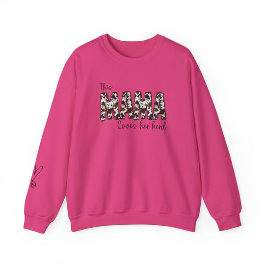 A pink Mama Herd Crew sweatshirt with black text. Unisex heavy blend crewneck, 50% cotton, 50% polyester, ribbed knit collar, no itchy side seams, loose fit, medium-heavy fabric. Sizes: S-5XL.