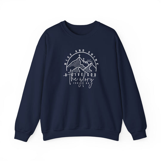 A blue Rise and Shine Crew unisex sweatshirt with white text, made of 50% cotton and 50% polyester. Ribbed knit collar, no itchy side seams, loose fit, medium-heavy fabric. Sizes S to 5XL available.