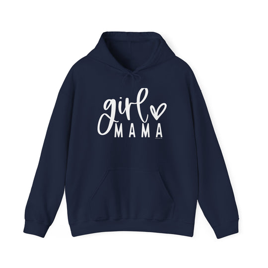 A blue Girl Mama Hoodie sweatshirt with white text, featuring a kangaroo pocket and matching drawstring. Unisex heavy blend for warmth and comfort. Perfect for chilly days. Classic fit, tear-away label, true to size.