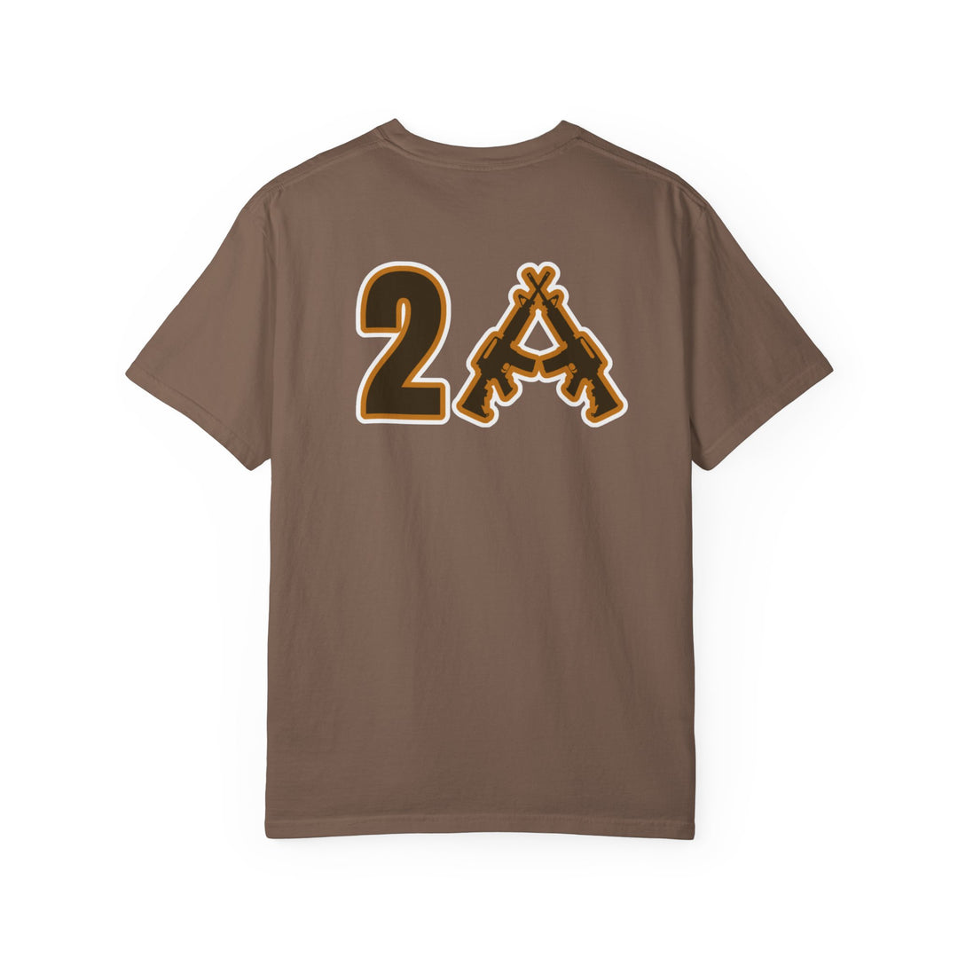 Back view of brown 2A Tee featuring a bold 2 and crossed rifles forming an A, symbolizing the Second Amendment. Made from soft, durable, garment-dyed cotton.