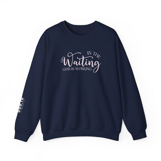 A blue sweatshirt with white text, ideal for any situation, featuring the God is Working Crew design. Unisex heavy blend crewneck sweatshirt made of 50% cotton, 50% polyester, ribbed knit collar, and no itchy side seams.