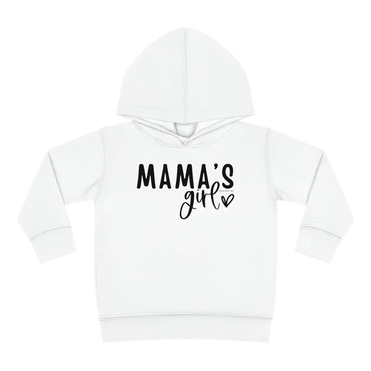 Toddler hoodie with Mama's Girl design, jersey-lined hood, cover-stitched details, and side seam pockets. 60% cotton, 40% polyester blend for comfort and durability. Sizes: 2T, 4T, 5-6T.