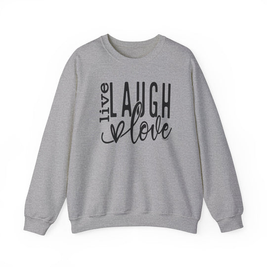 A unisex heavy blend crewneck sweatshirt featuring the Live Laugh Love Crew design. Made of 50% cotton and 50% polyester, with ribbed knit collar and no itchy side seams. Medium-heavy fabric, loose fit, and true to size.
