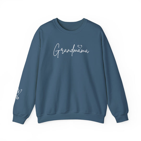 A unisex Grandmama Crew sweatshirt in blue with white text. Made of 50% cotton, 50% polyester blend, ribbed knit collar, no itchy side seams, loose fit, medium-heavy fabric. Sizes S to 5XL.