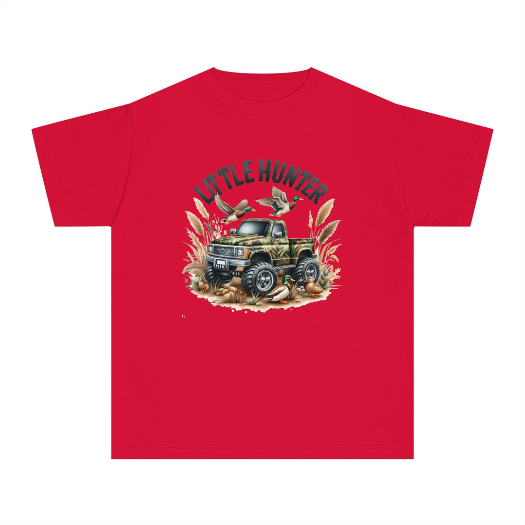A Little Hunter Kids Tee featuring a red shirt with a truck and birds design. Made of 100% combed ringspun cotton, soft-washed, and garment-dyed for comfort and durability. Ideal for active kids.