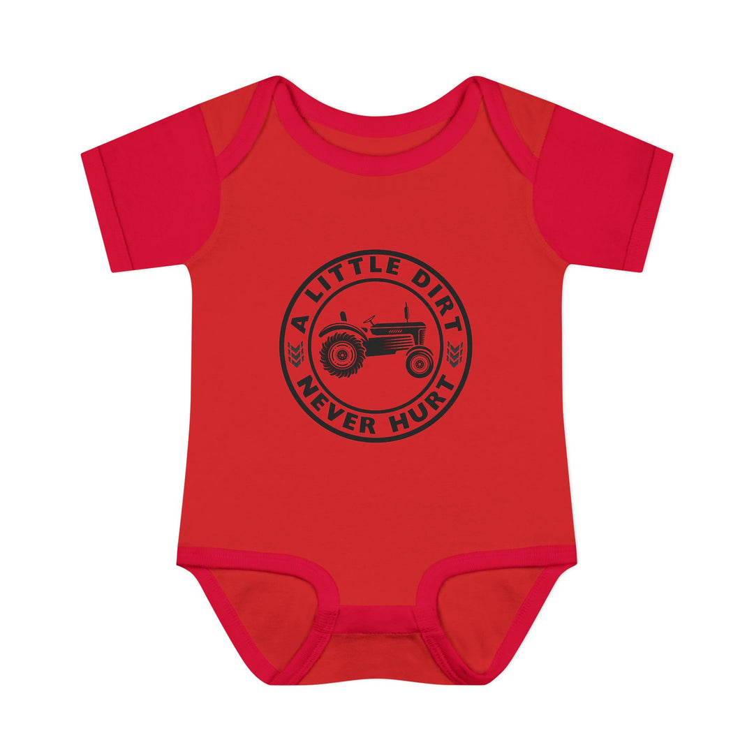 Red baby onesie with a tractor badge and A LITTLE DIRT NEVER HURT text, short sleeves, lap shoulders, made from soft, ring-spun cotton.