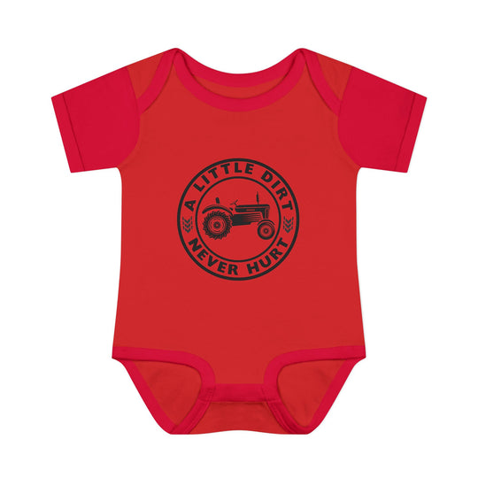 Red baby onesie with a tractor badge and A LITTLE DIRT NEVER HURT text, short sleeves, lap shoulders, made from soft, ring-spun cotton.