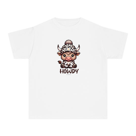 Kids' Howdy Tee: White tee with a cartoon cow in a hat. 100% combed cotton for comfort and agility. Ideal for active kids. Sizes XS to XL. Classic fit, light fabric.