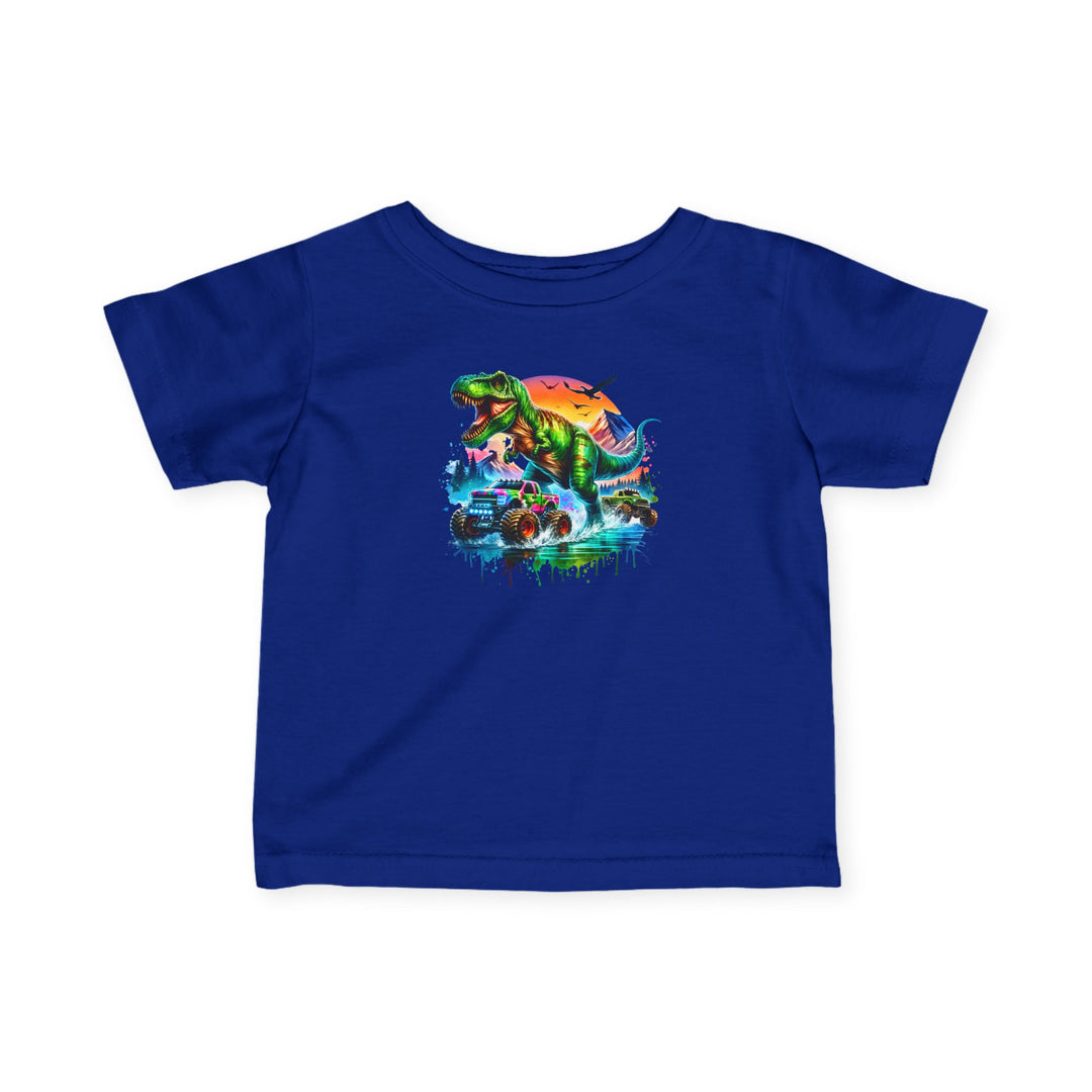 Dino Truck Baby Tee featuring a neon-style graphic of a T-rex with trucks and pterodactyls, designed for toddler comfort and durability with 100% ring-spun cotton.