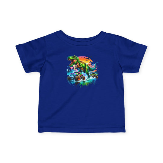 Dino Truck Baby Tee featuring a neon-style graphic of a T-rex with trucks and pterodactyls, designed for toddler comfort and durability with 100% ring-spun cotton.