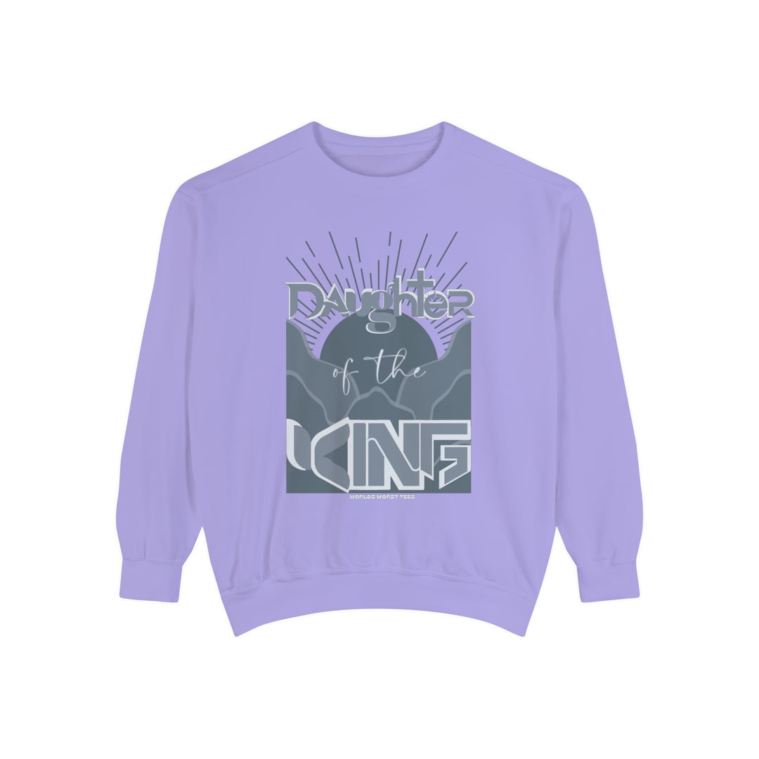 Daughter of the King Crew unisex sweatshirt, purple with graphic design. 80% ring-spun cotton, 20% polyester, relaxed fit, rolled-forward shoulder, back neck patch. Luxurious comfort in medium-heavy fabric.