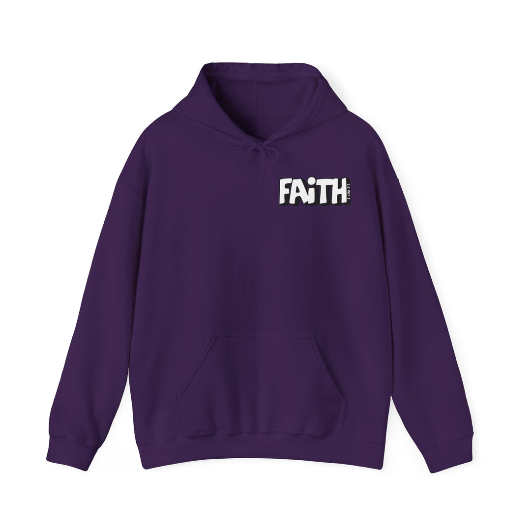A purple Walk By Faith Not By Sight Crew hooded sweatshirt with white text, a kangaroo pocket, and drawstring. Unisex, cotton-polyester blend, medium-heavy fabric, tear-away label, classic fit, true to size.