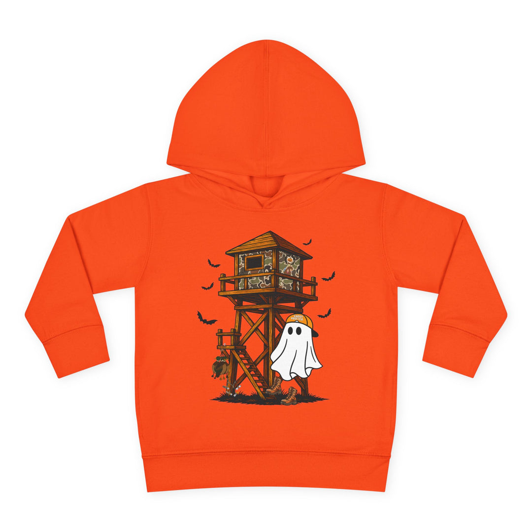 Ghost Hunter Toddler Hoodie featuring a Halloween scene with a ghost in hunting gear and bats, designed for comfort with a durable jersey-lined hood and side pockets.