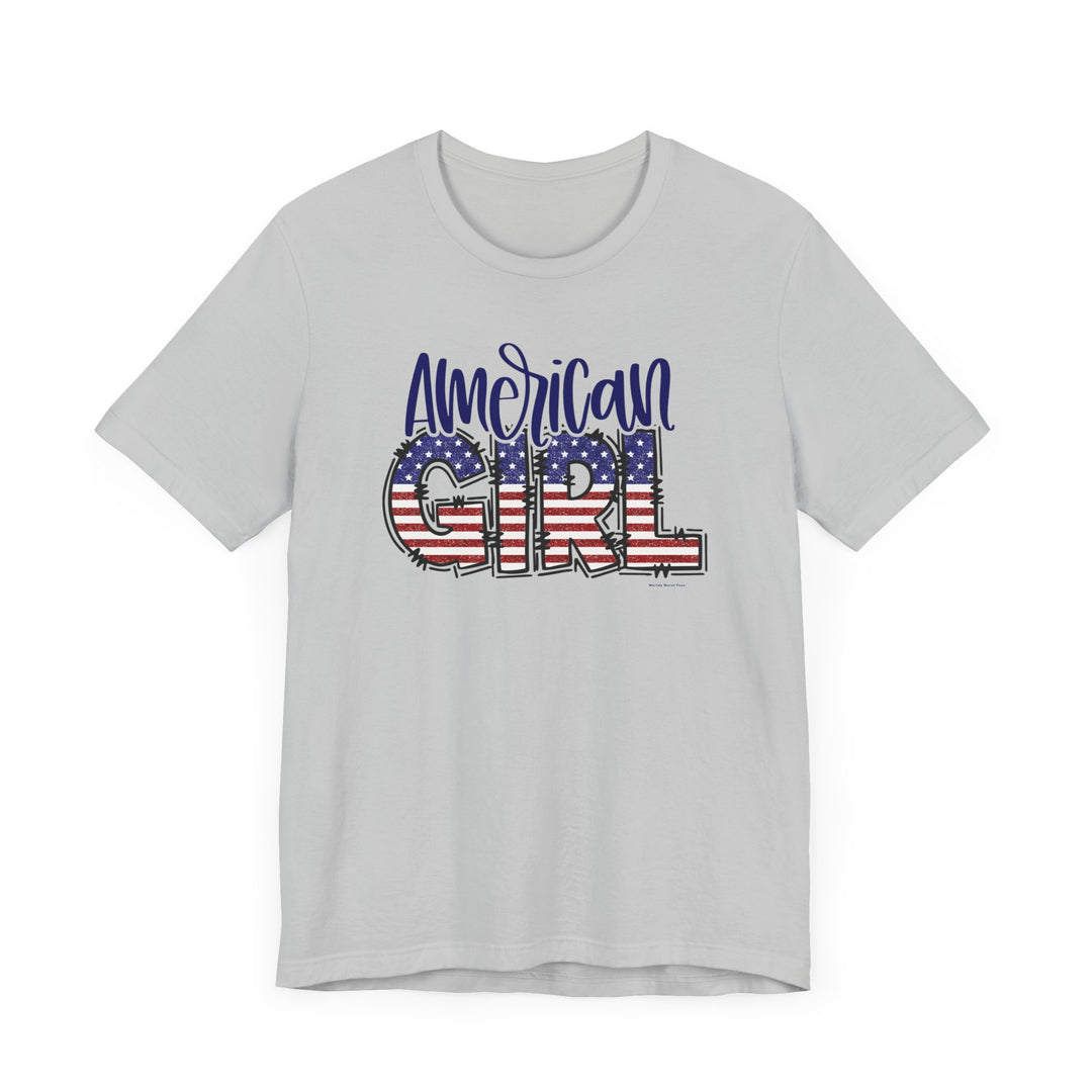 American Girl Tee: A classic unisex jersey t-shirt with text, featuring ribbed knit collars and taping on shoulders for a better fit. Made of 100% Airlume combed cotton. Retail fit, tear away label, runs true to size.