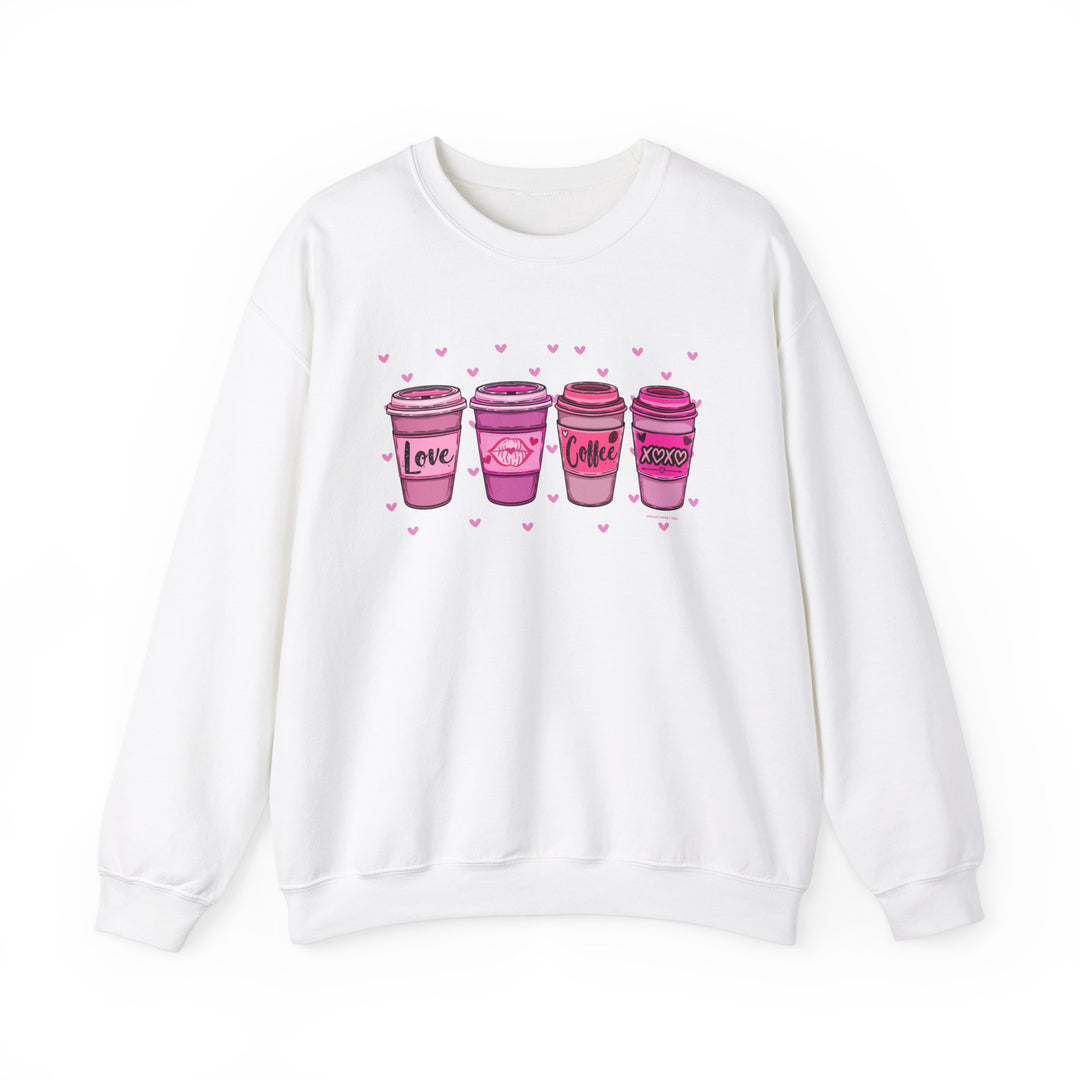 Unisex XOXO Coffee Crew sweatshirt, white with pink coffee cups. Medium-heavy blend, ribbed knit collar, no itchy seams. Comfortable, loose fit. Ideal for any occasion.