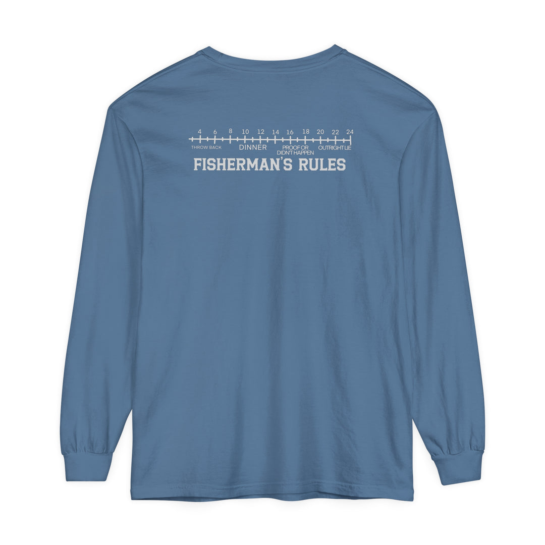 Long-sleeve Lucky Bones Fishing Club Tee in blue with white text, made of 100% ring-spun cotton for softness and style. Classic fit, garment-dyed fabric, and relaxed feel for ultimate comfort.