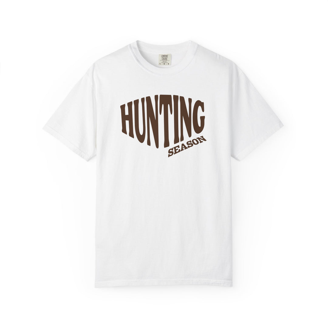 Hunting Season Tee: A white, short-sleeve T-shirt with HUNTING SEASON graphic. Made of soft, garment-dyed, 100% ring-spun cotton for durability and comfort.