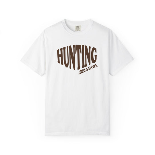 Hunting Season Tee: A white, short-sleeve T-shirt with HUNTING SEASON graphic. Made of soft, garment-dyed, 100% ring-spun cotton for durability and comfort.