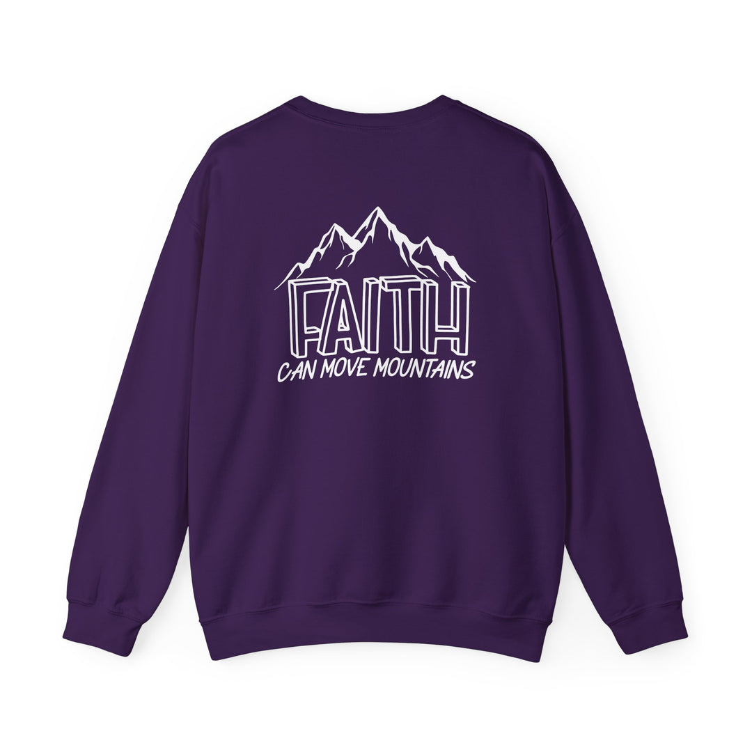 A unisex heavy blend crewneck sweatshirt featuring Faith Can Move Mountains Crew logo. Made of 50% cotton and 50% polyester, ribbed knit collar, and double-needle stitching for durability. No itchy side seams, comfy fit.