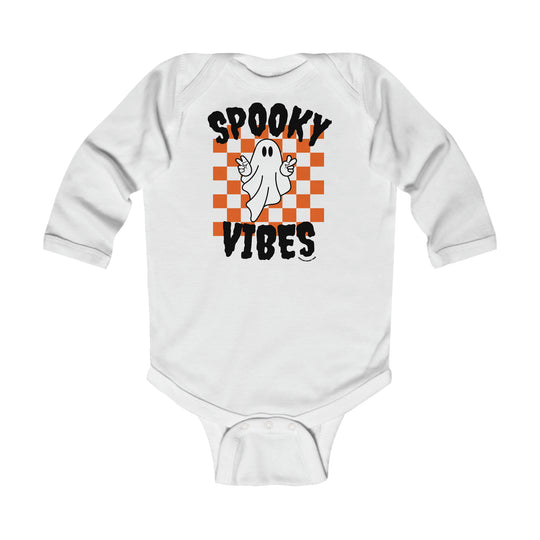 A white baby bodysuit featuring a ghost design, ideal for spooky vibes. Infant long sleeve bodysuit with ribbed knitting for durability and easy changing. From Worlds Worst Tees.