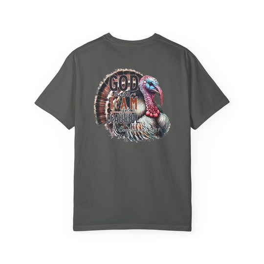 A grey t-shirt featuring a turkey design, the I am Beautiful Tee from Worlds Worst Tees. Made of 100% ring-spun cotton, with a relaxed fit and durable double-needle stitching for everyday comfort and style.
