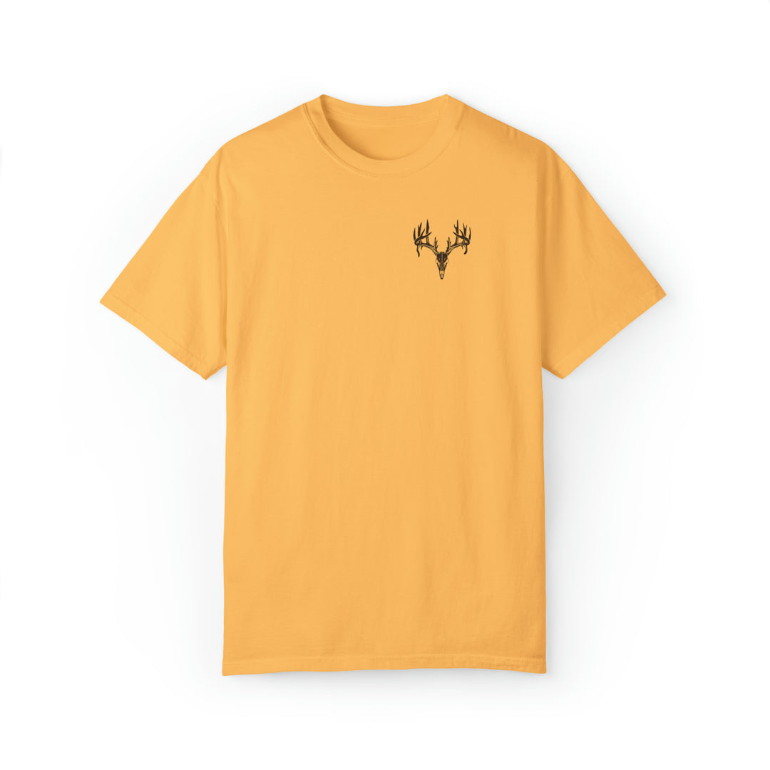 A yellow t-shirt featuring a deer head design, part of the Tagged Out Tee collection at Worlds Worst Tees. Unisex, garment-dyed sweatshirt made of 80% ring-spun cotton and 20% polyester, with a relaxed fit and rolled-forward shoulder.