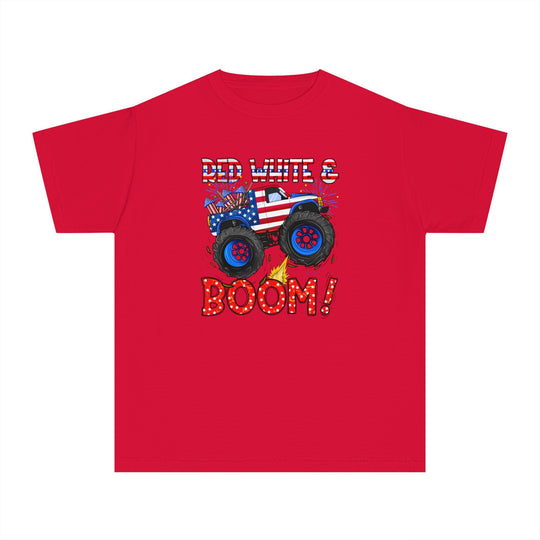 Red White and Boom Kids Tee featuring a red shirt with a truck design. 100% combed ringspun cotton, soft-washed, and garment-dyed for comfort. Ideal for active kids with a classic fit.