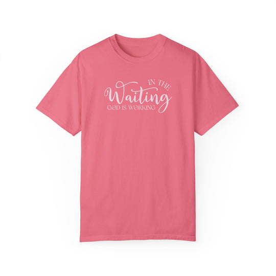 Relaxed fit God is Working Tee in pink, 100% ring-spun cotton. Soft-washed, durable fabric with double-needle stitching. Ideal for daily wear, no side-seams for tubular shape. Sizes S to 4XL.