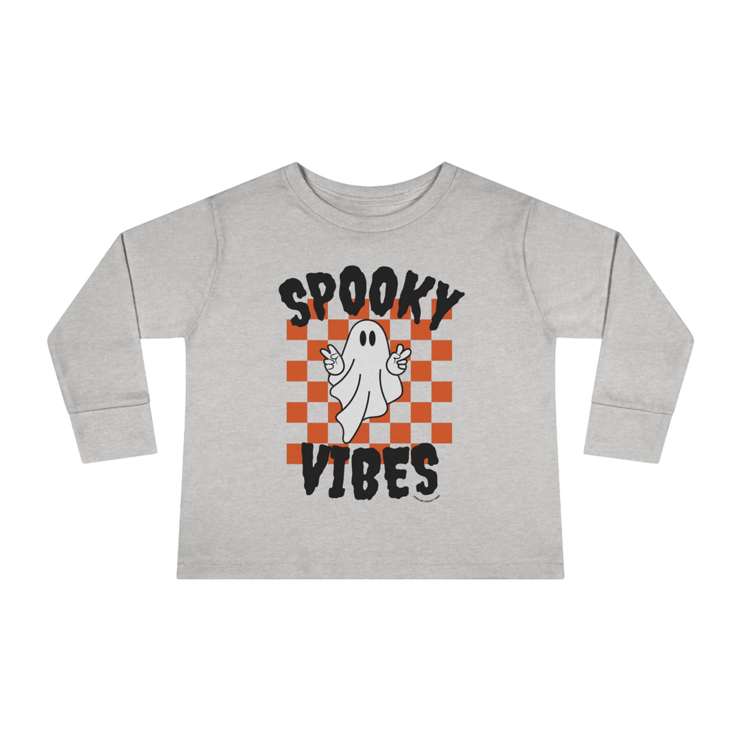 Toddler long-sleeve tee featuring a grey shirt with a ghost design. Made of 100% combed ringspun cotton for durability and comfort. Perfect for the youngest trendsetters.