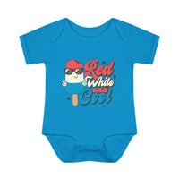 Infant 'Red White and Cool' onesie featuring soft, 100% ring-spun cotton with lap shoulders for easy adjustment, designed for comfort and fit.