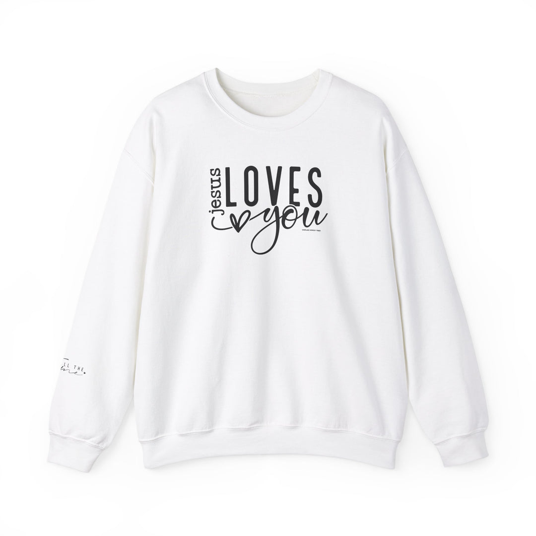 Unisex heavy blend crewneck sweatshirt featuring Jesus Loves You design. Made of 50% cotton and 50% polyester for comfort and durability. Classic fit with ribbed knit collar and tear-away label for itch-free wear.