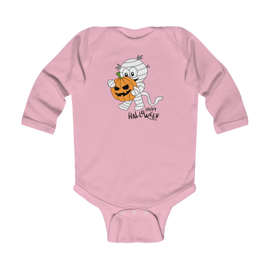 Happy Halloween Mummy Long Sleeved Onesie for infants, featuring a pink bodysuit with a cartoon mummy holding a pumpkin. Soft cotton fabric, ribbed knit bindings, and plastic snaps for easy changing.