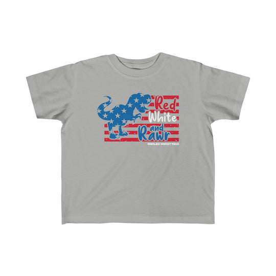 Red White and Rawr Toddler Tee featuring a grey t-shirt with a dinosaur and stars design. Made of 100% combed ringspun cotton, light fabric, tear-away label, and a classic fit. Ideal for sensitive toddler skin.