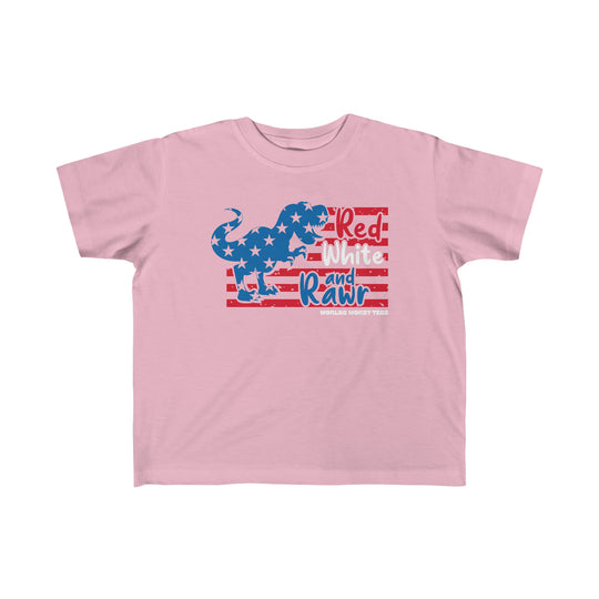 Red White and Rawr Toddler Tee featuring a pink shirt with a dinosaur and stars. Soft 100% combed ringspun cotton, light fabric, classic fit, tear-away label, perfect for sensitive skin.